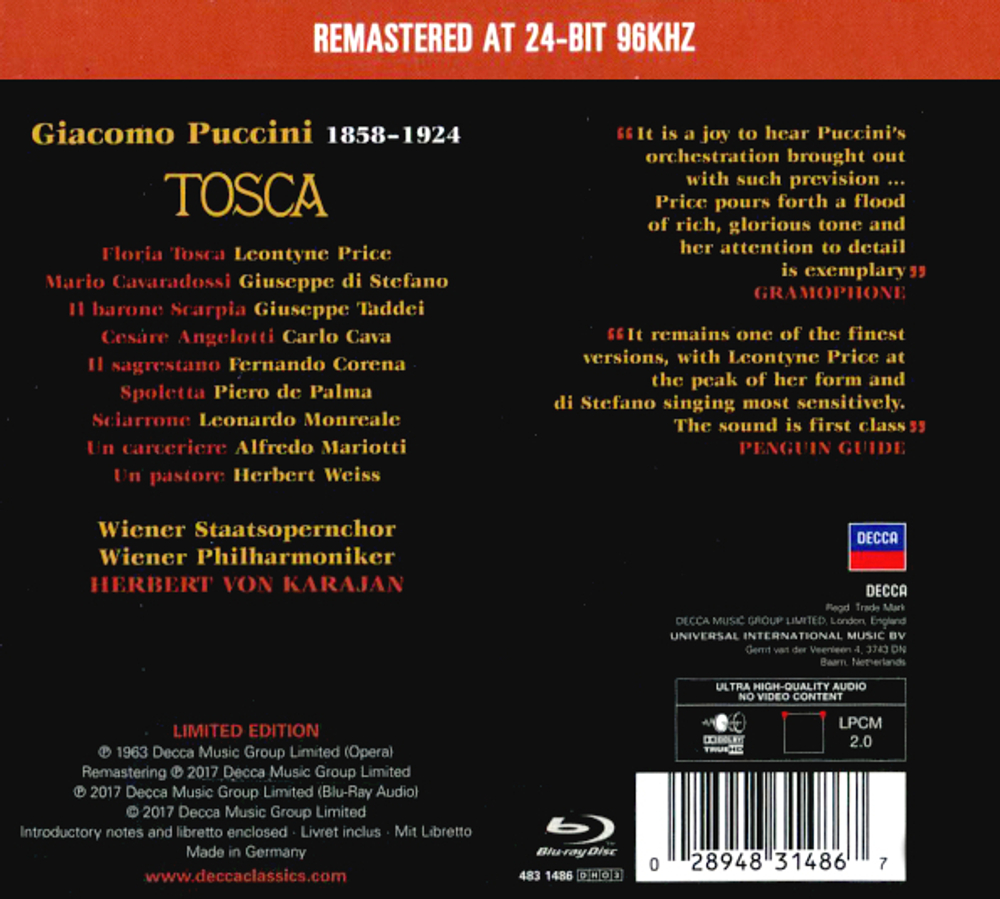 Leontyne Price, Vienna Philharmonic, Herbert von Karajan / Puccini: Tosca (2CD+Blu-ray Audio)