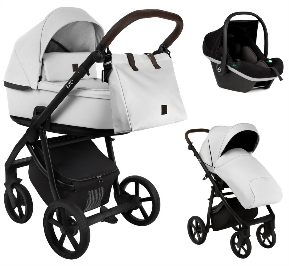 Детская коляска Roan Esso 2025 Кожа 3 в 1 с автокреслом Tutis Elo Black ESSK/215/1 White/Black/руч.Тем.коричневый