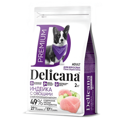 Delicana корм сухой для взрослых собак средних пород индейка, овощи