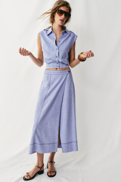 ZARA ТОП ИЗ СМЕСОВОГО ЛЬНА С КОНТРАСТНОЙ СТРОЧКОЙ, ГОЛУБОЙ