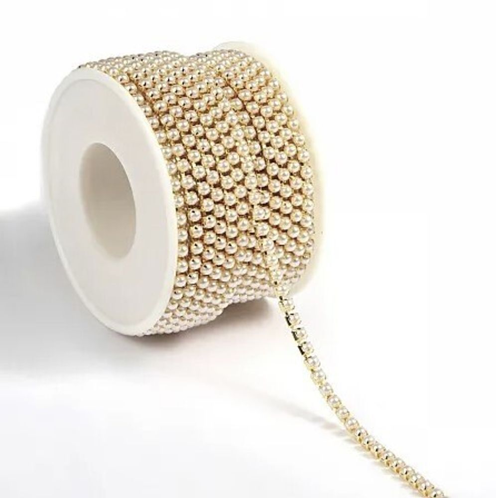 Цепь жемчуг, ш. 2 мм, белый в золотой оправе