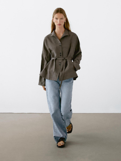 Massimo Dutti Куртка из смесового льна с воротником-стойкой, кротово-коричневый