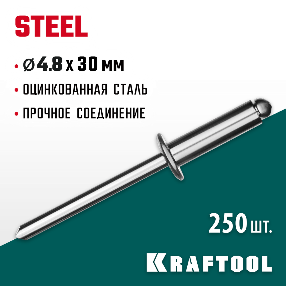 KRAFTOOL Steel, 4.8 x 30 мм, 250 шт, стальные заклепки (311703-48-30)