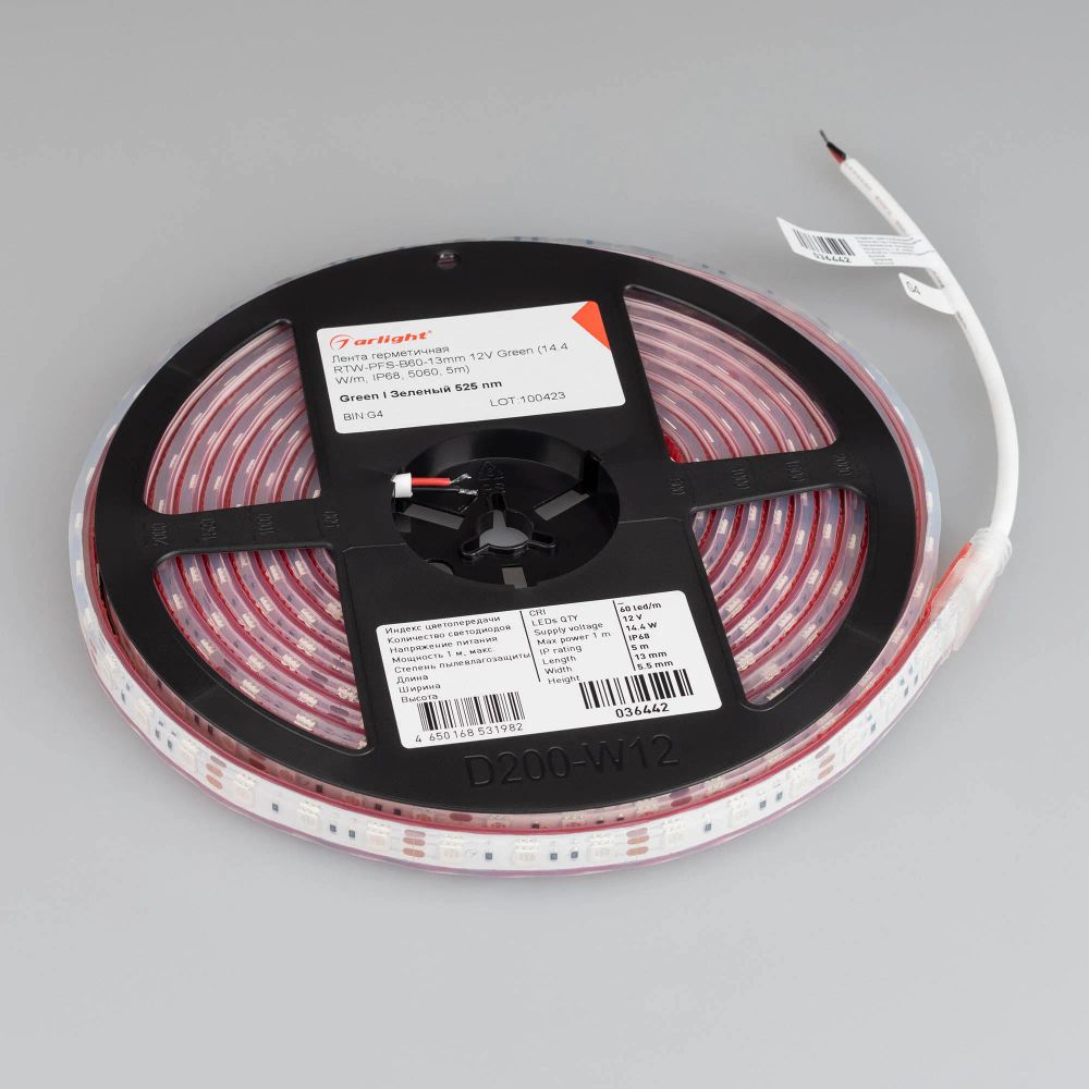 Светодиодная лента герметичная RTW-PFS-B60-13mm 12V Green (14.4 W/m, IP68, 5060, 5m) (Arlight, 14.4 Вт/м, IP68) 036442