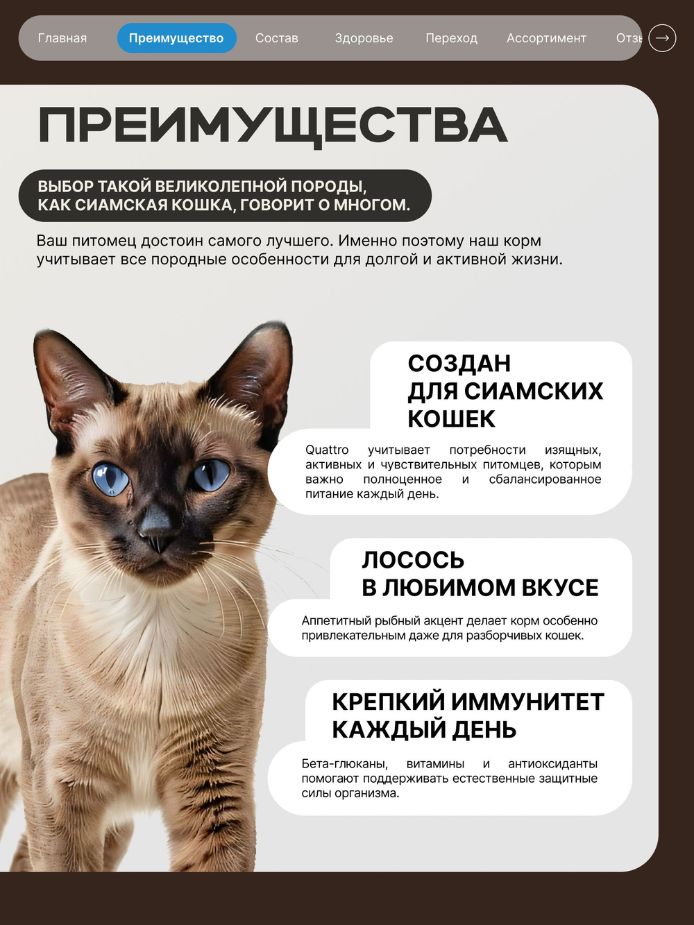 Корм сухой для взрослых кошек породы Сиамская кошка, с лососем, 400 гр, QUATTRO