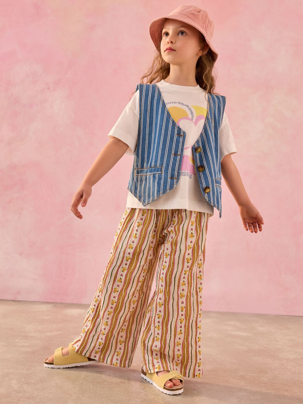 Футболка и жилет джинсовый в комплекте для девочки Next E98-834, Синий, Молочный