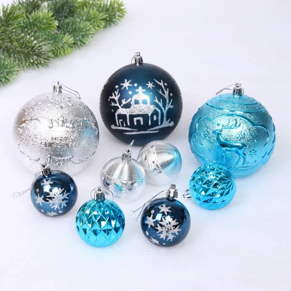 Набор шаров «Winter ice» 10 см + 5 см (15 предметов), Серебро/Сапфир/Голубой