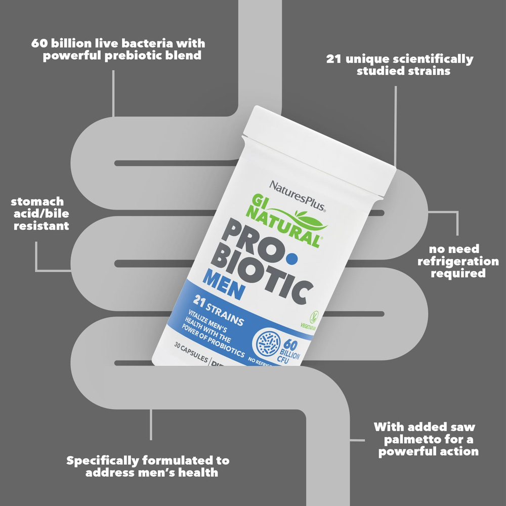 NaturesPlus, GI Natural, пробиотик для мужчин, 60 млрд КОЕ, 30 капсул