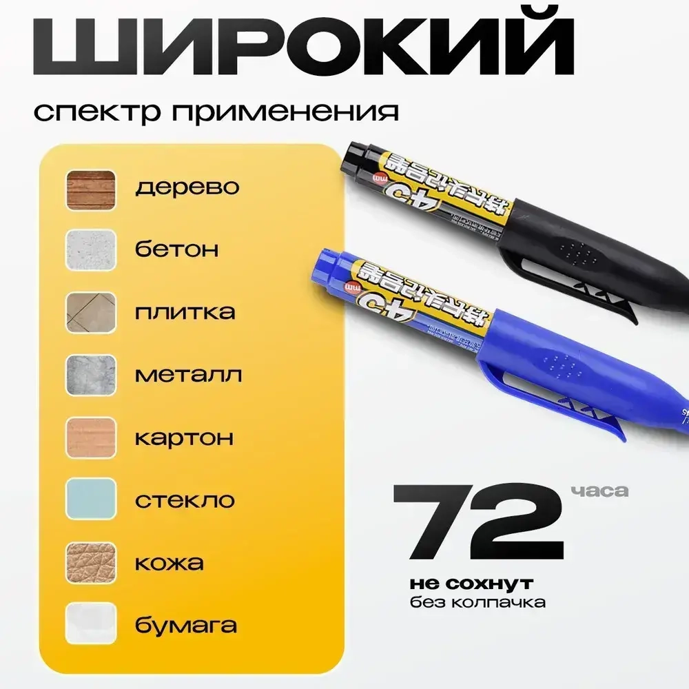 Маркер строительный тонкий разметочный с длинным наконечником 2 шт+чернила в комплекте (черный, синий)