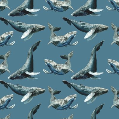 Акварельные киты на синем фоне