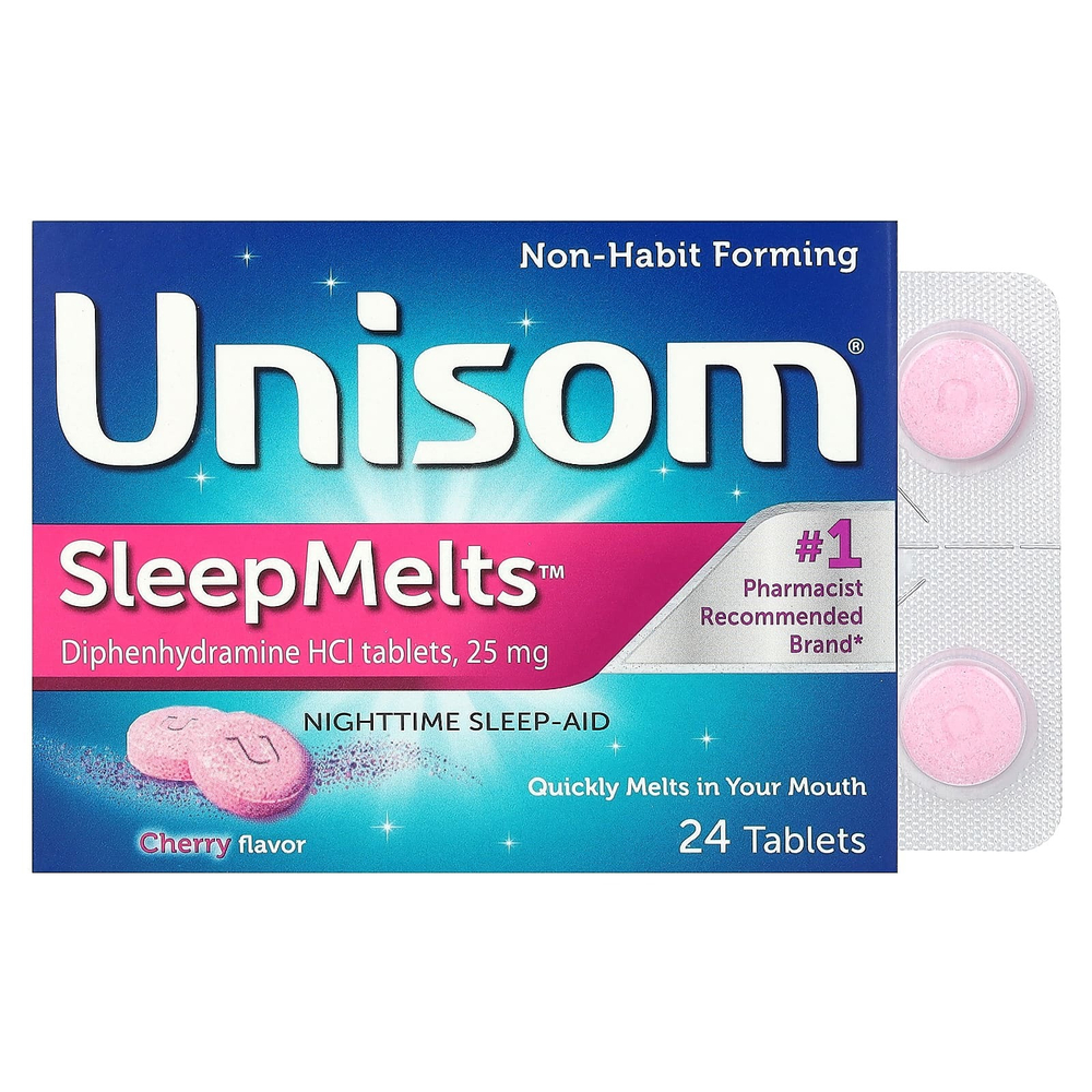 Unisom, SleepMelts, ночное средство для сна, вишня, 25 мг, 24 таблетки (15 мг в каждой таблетке)