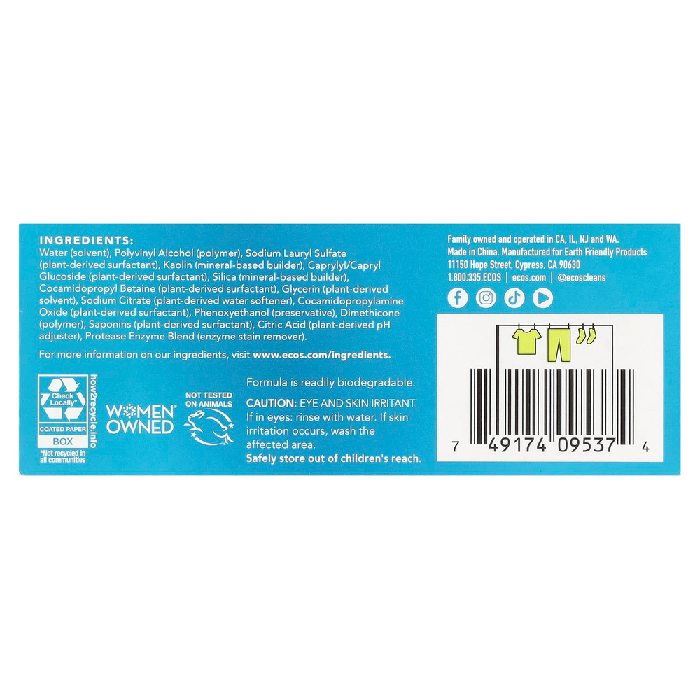 Earth Friendly Products, ECOS®, моющее средство для стирки на растительной основе, бесцветное и прозрачное, 50 шт., 175 г (6,17 унции)