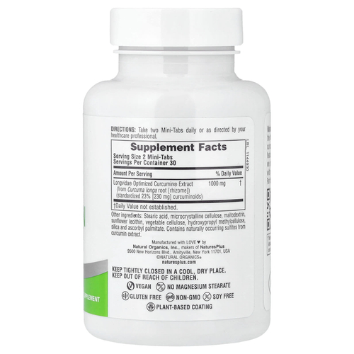 NaturesPlus, Pro Longvida®, куркумин 1000, 60 мини-таблеток (500 мг в таблетке)