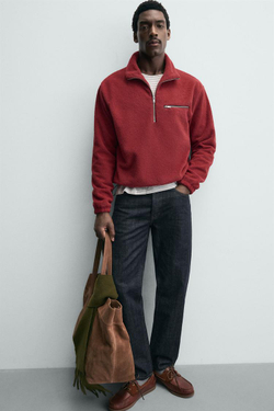 ZARA ТОЛСТОВКА ИЗ ПОЛАРФЛИСА С ВОРОТНИКОМ НА МОЛНИИ, КРАСНЫЙ