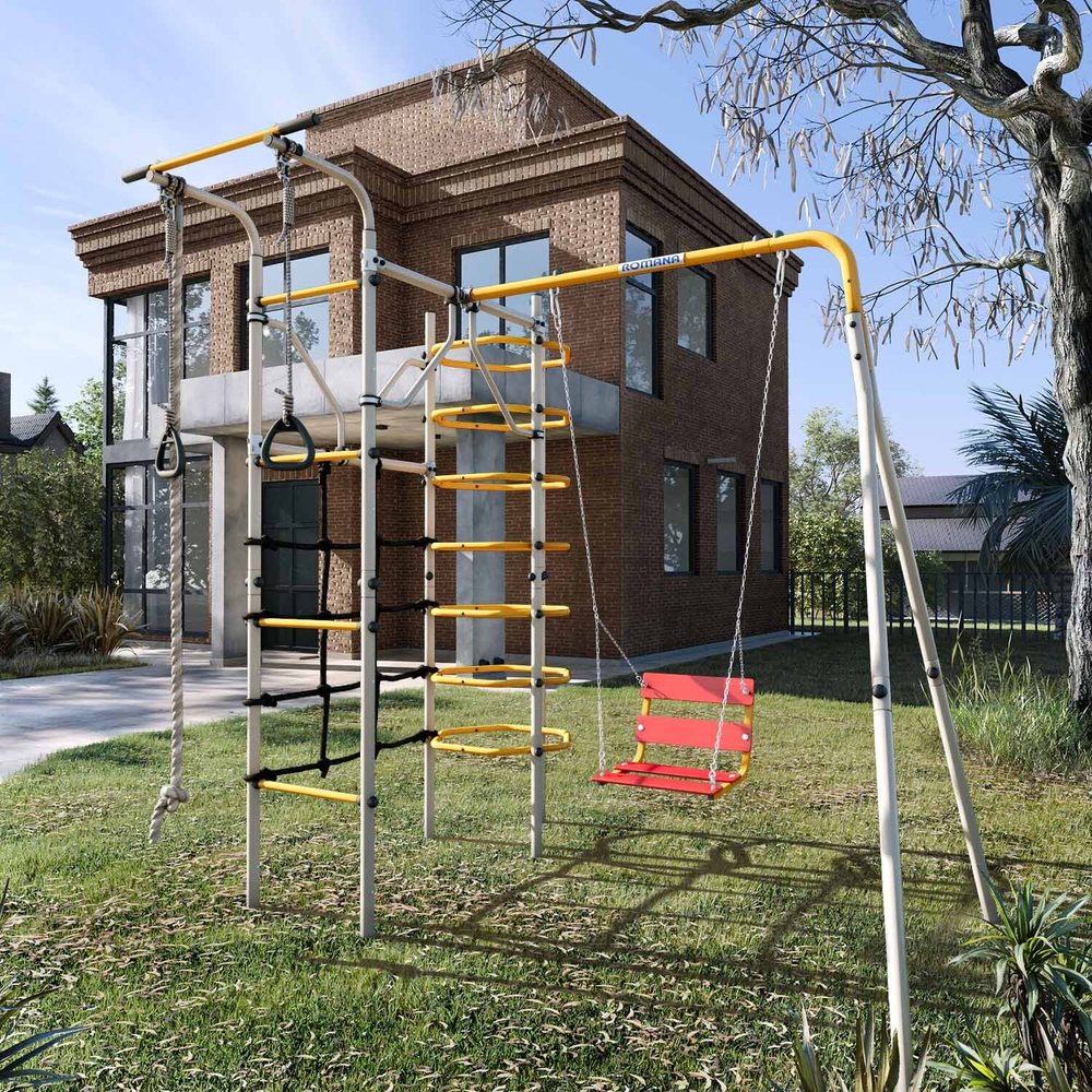 Детский спортивный комплекс для дачи ROMANA Космос (желтый/серый) (сетка-гнездо)