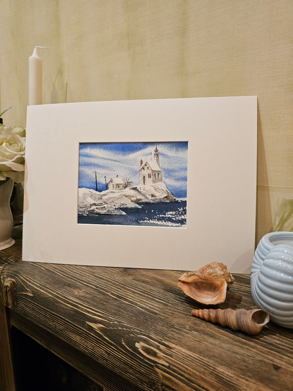 Картина авторская акварельная в паспарту 21х30 см на стену для интерьера "Маяк Лингер"