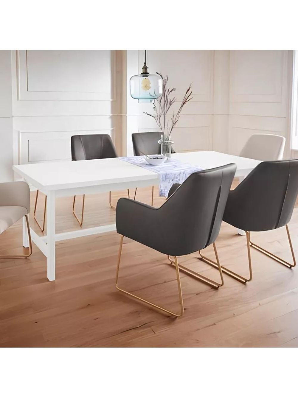 Дизайнерский обеденный стол 220х90х74 см Таула из массива дуба с 2 ящиками, белый