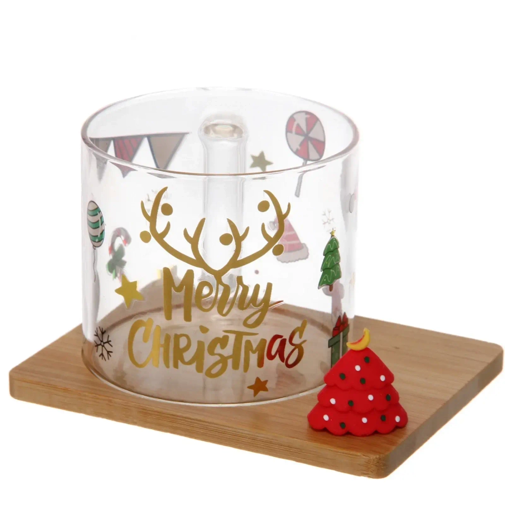 Кружка стеклянная 280мл «Новогодние чудеса» на бамбуковой подставке, прозрачная