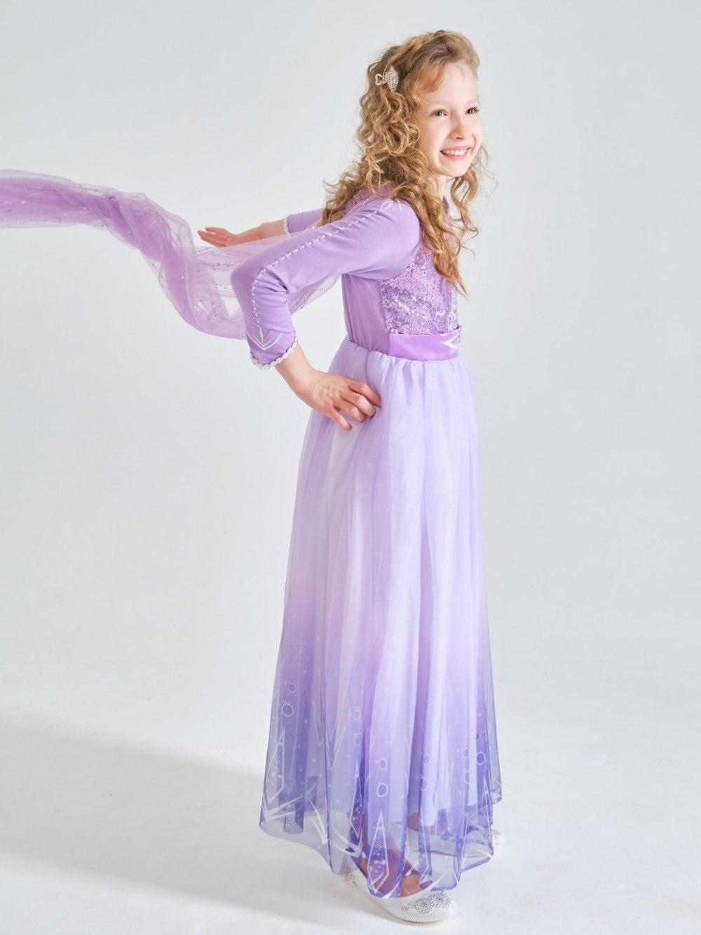 Сиреневое платье Эльзы для девочки + шлейф
