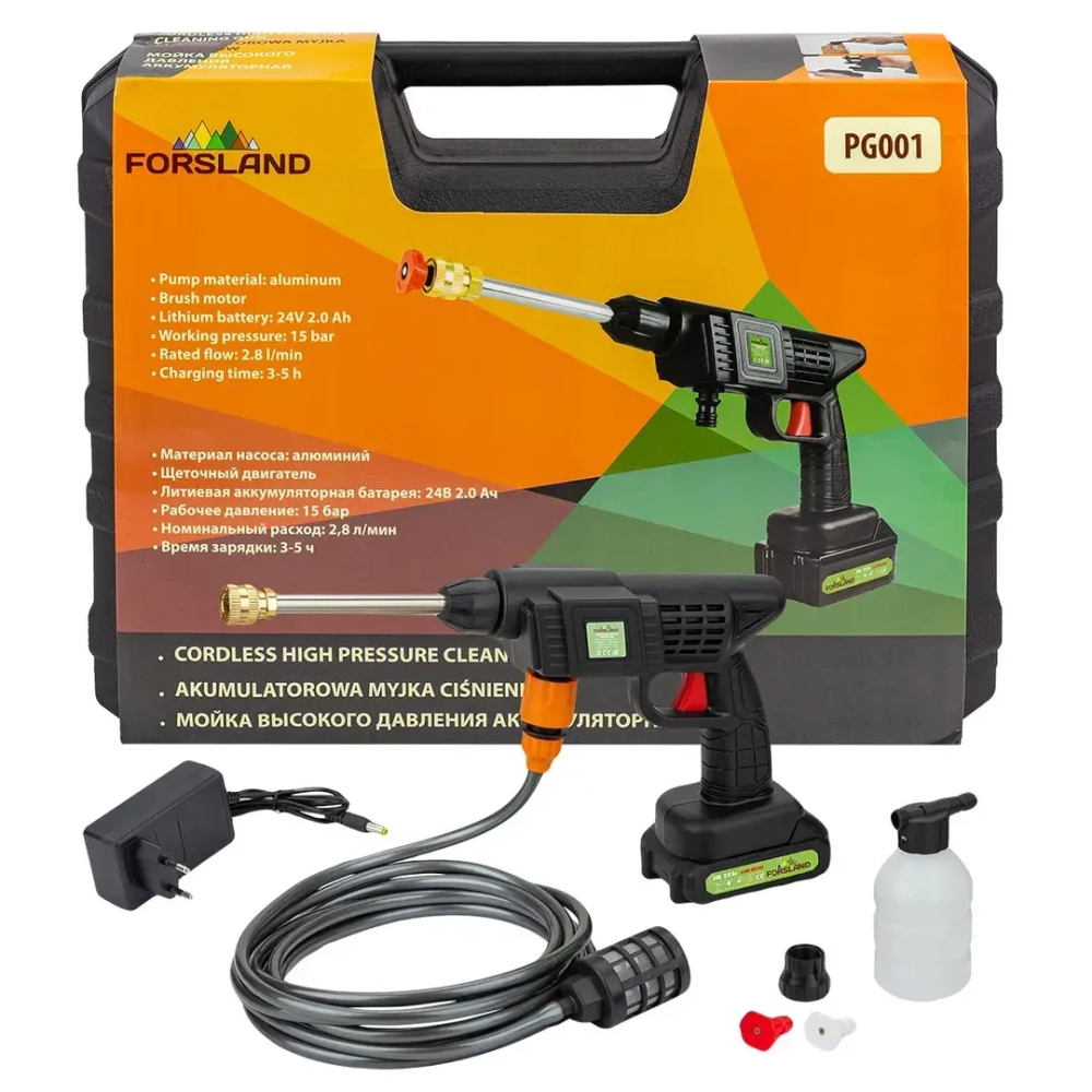Мойка высокого давления аккумуляторная (12В,15 Бар,2.8 л/мин, батарея 1500 мАч, зарядка 3-5ч, насос аллюминий, щеточный двигатель) Forsland Forsland-PG001