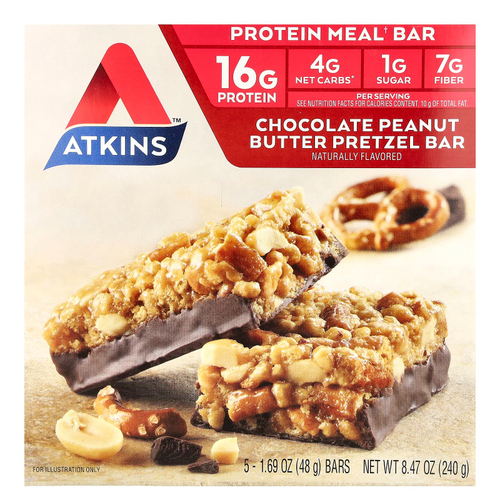 Atkins, протеиновый батончик, крендель с шоколадом и арахисовой пастой, 5 шт. по 48 г (1,69 унции)