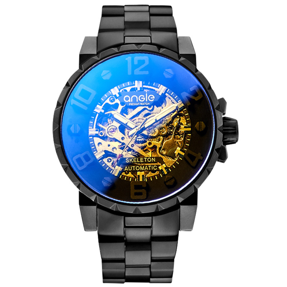 ANGIE PRESENT WATCH Henji Street Style Men"s Watch Black Warrior Iridescent Two Tone Mirror Finish X Blue