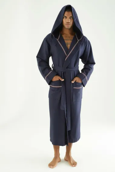 Вафельный мужской халат с капюшоном 24680 синий NUSA