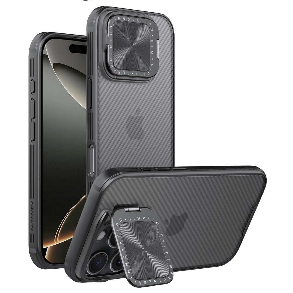 Чехол прозрачный тонированный (Transparent Black) от Nillkin с металлической откидной крышкой для камеры на iPhone 16 Pro, серия CamShield Prop Case