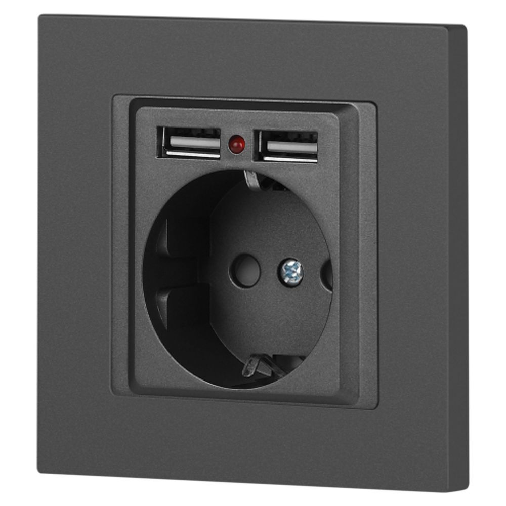 Розетка Intro Accent 6-410-07 P+E Schuko со шторками, 16А-250В + 2хUSB, IP20, СУ, графит