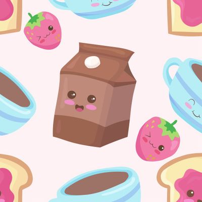 Шоколадное молоко и тост с клубничным джемом. Милый кавайный завтрак для детей.