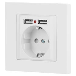 Розетка Intro Accent 6-410-01М с заземлением 2P+E Schuko со шторками 16А-250В + 2хUSB IP20 СУ белый матовый