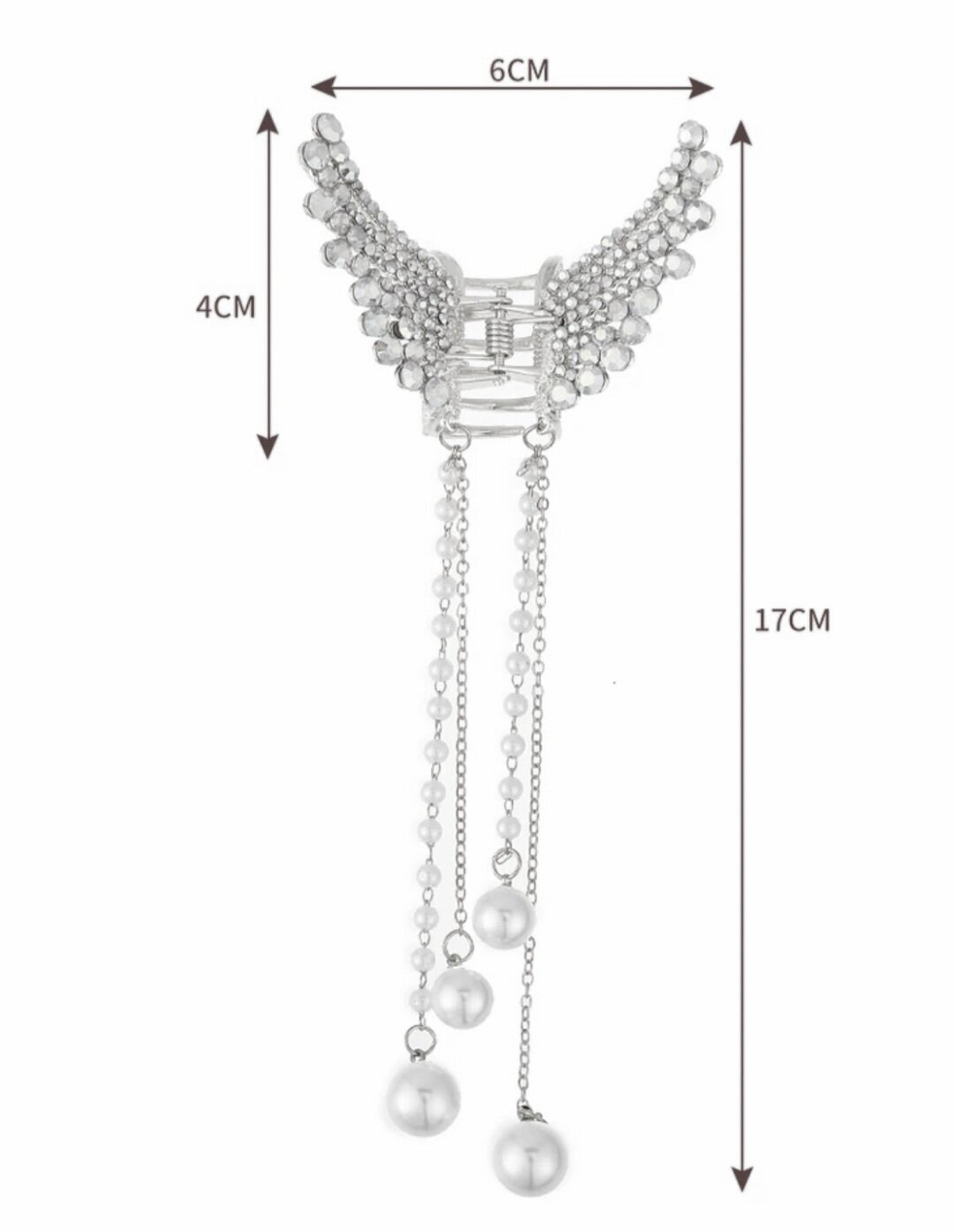 Заколка Краб. Бабочка  со стразами и жемчужными (имитация) подвесками. Цвет Серебро.