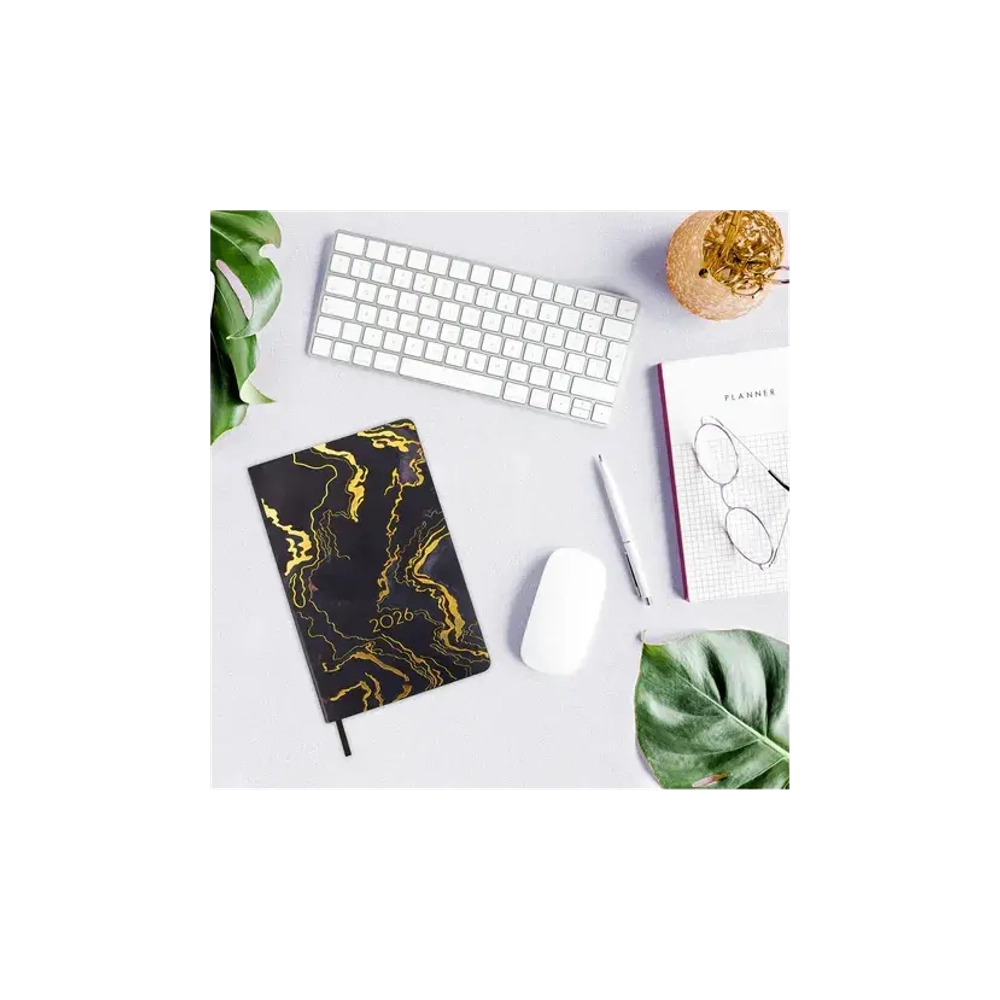 Ежедневник датированный 2026 А5 138x213 мм, BRAUBERG "Vista", под кожу, гибкий, "Black marble", 117445