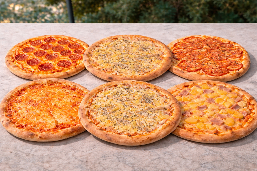 Большое комбо из шести пицц ( пепперони, четыре сыра, гавайская, карбонара, маргарита, ветчина с грибами)