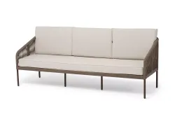"Канны" диван 3-местный плетеный из роупа, каркас алюминий коричневый (RAL8016) муар, роуп коричневый круглый, ткань бежевая 035