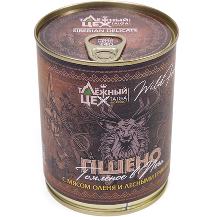 Пшено с мясом Оленя и лесными грибами томленое в печи  340г.