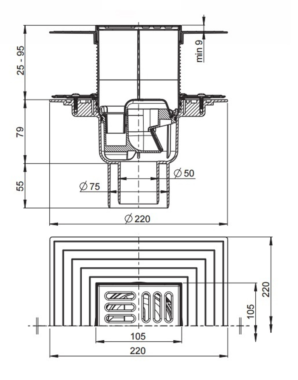 Сливной трап APV2324 105 × 105/50, подводка – прямая, решетка – нержавеющая сталь, фланец –нержавеющ