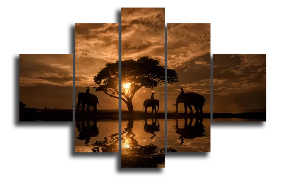 Модульная картина "Слоны на закате"
