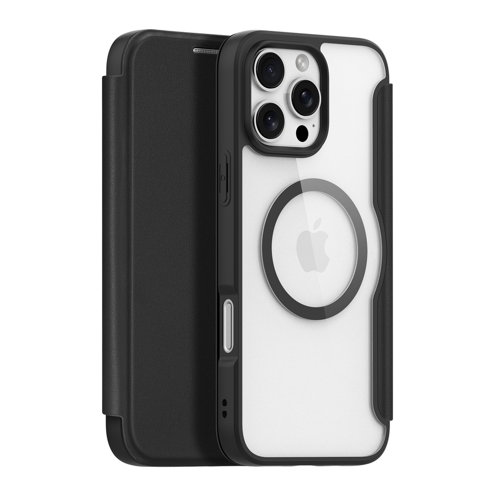 Прозрачный чехол книжка черного цвета с поддержкой MagSafe от Dux Ducis для iPhone 16 Pro, серия Skin X Pro Series Case