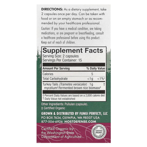 Host Defense, Mushrooms, трутовик разноцветный, 30 капсул (0,5 г в 1 капсуле)