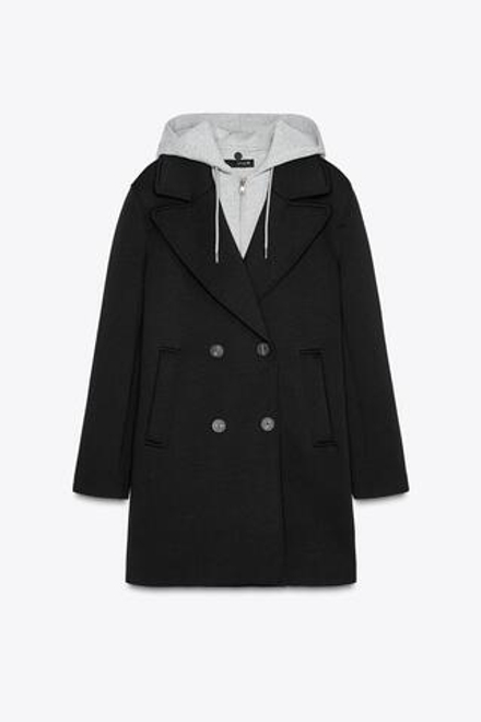 ZARA ПАЛЬТО С КОМБИНИРОВАННЫМ КАПЮШОНОМ, ЧЕРНЫЙ