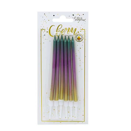 Свечи тортовые классические XL "Градиент" Золото-фиолетовый-серебро металлизированные с держателями