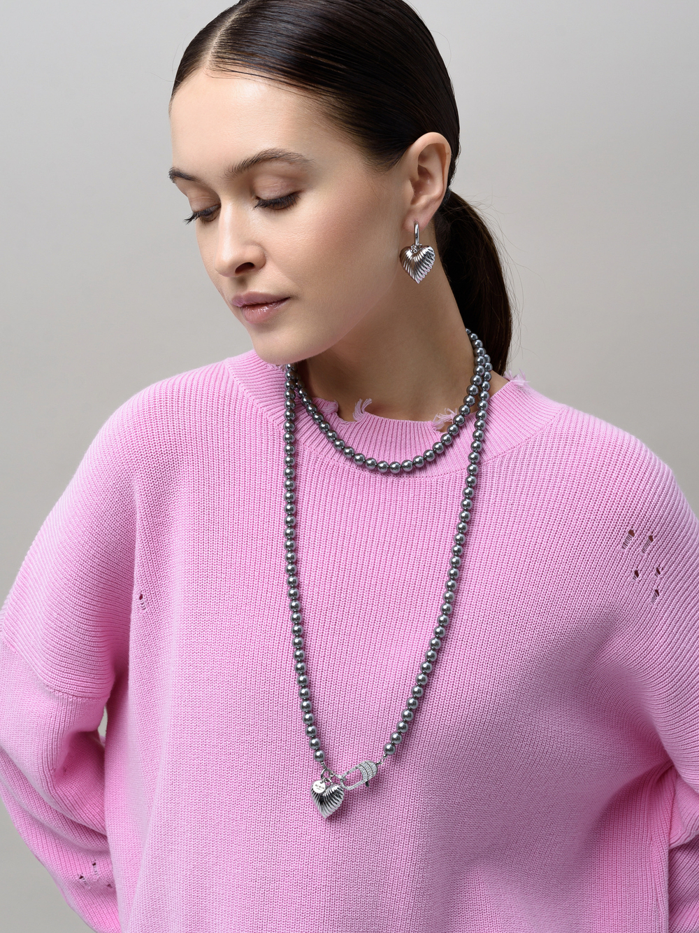 Колье "Long Dark Grey Heart" Silver