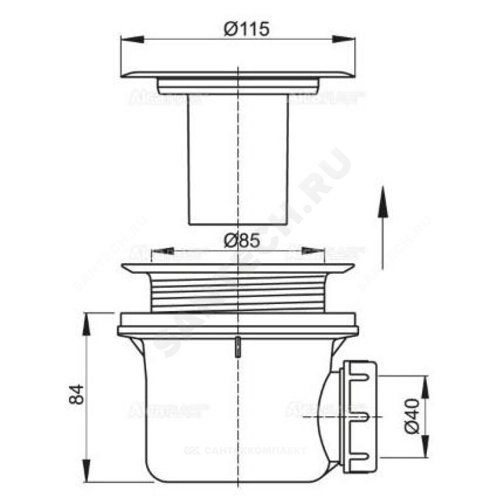 Сифон для поддона 1 1/2"x90/40 h=84мм с нержавеющей решёткой D=115мм Alca Plast A48
