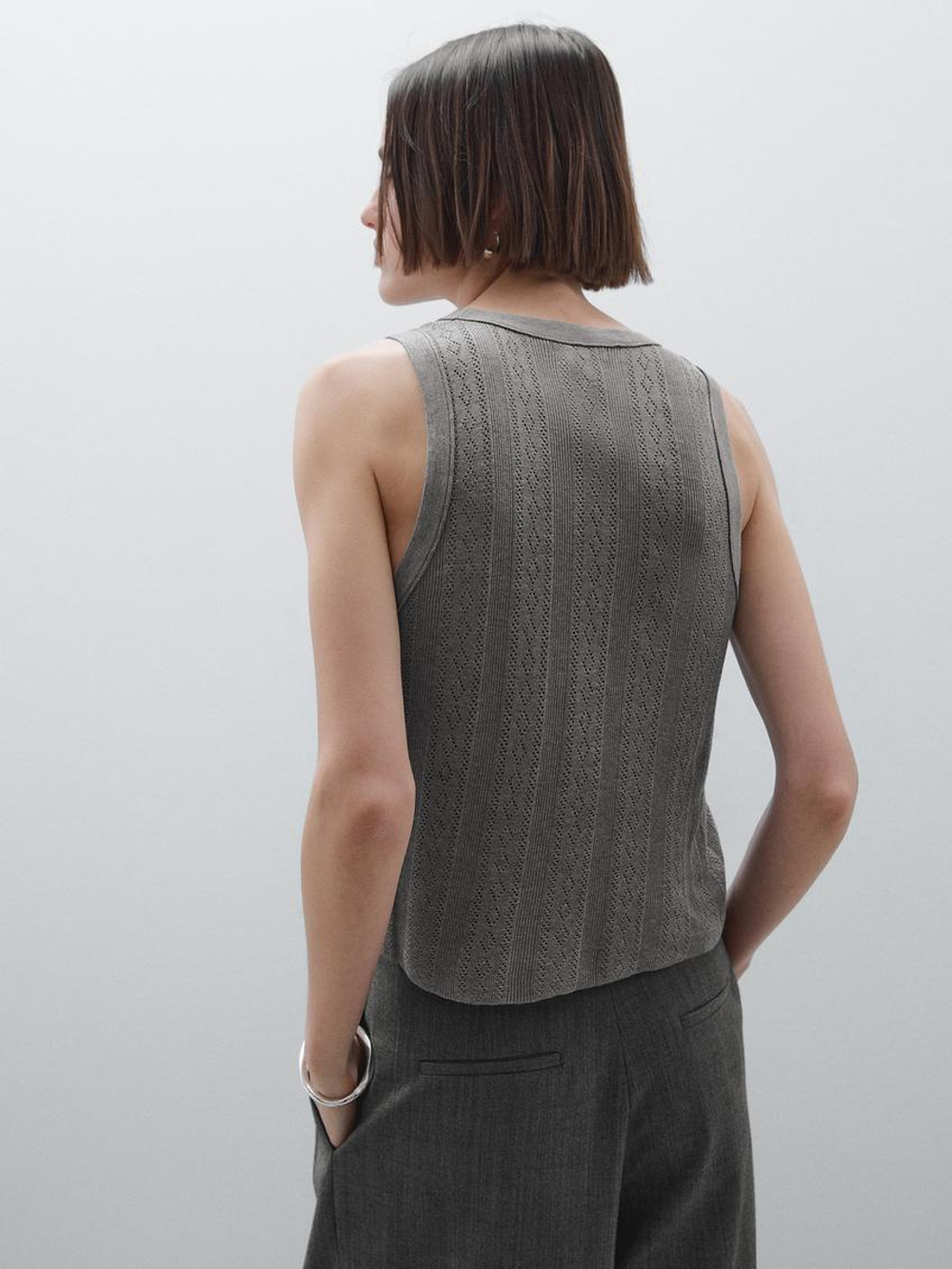 Massimo Dutti Топ из ажурной ткани с круглым вырезом, серый