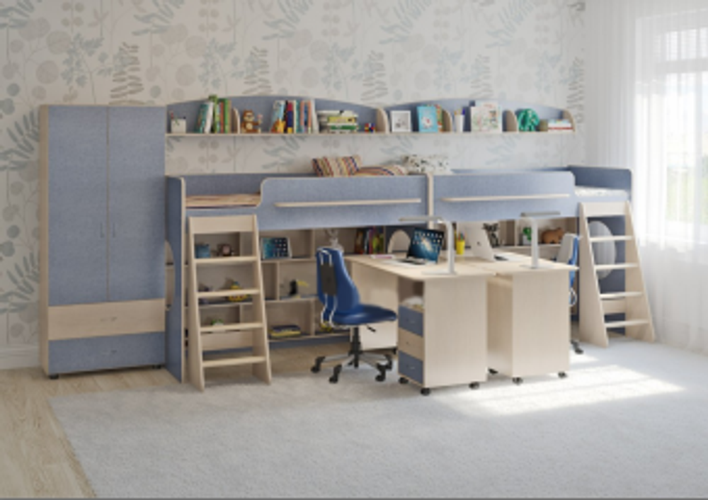 Детская стенка КарИВи Л-№30  Дуб Молочный Светло-синий, голубой