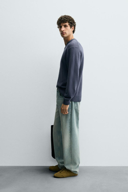 ZARA ДЖЕМПЕР ТЕКСТУРНОЙ ВЯЗКИ, ЛИНЯЛЫЙ СИНИЙ