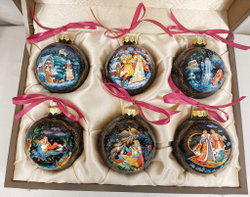 Сувенирный набор из 6-х новогодних шаров с ручной росписью Палех "Сказки"