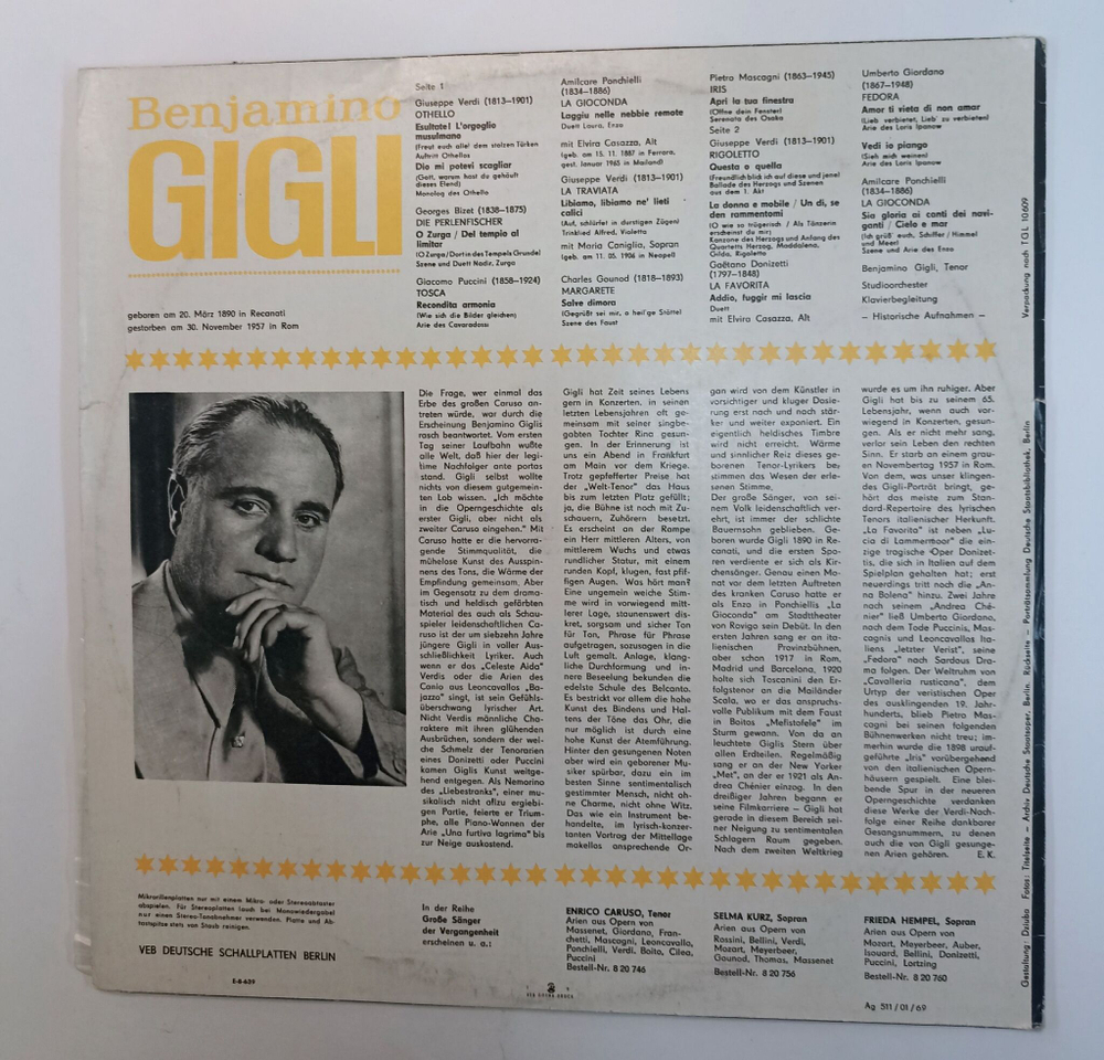 Винтажная виниловая пластинка LP Benjamino Gigli Tenor (GDR 1968)