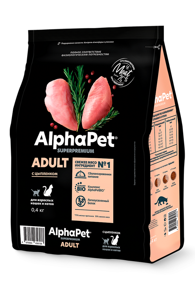 AlphaPet 0,4кг Superpremium с цыпленком сухой для кошек